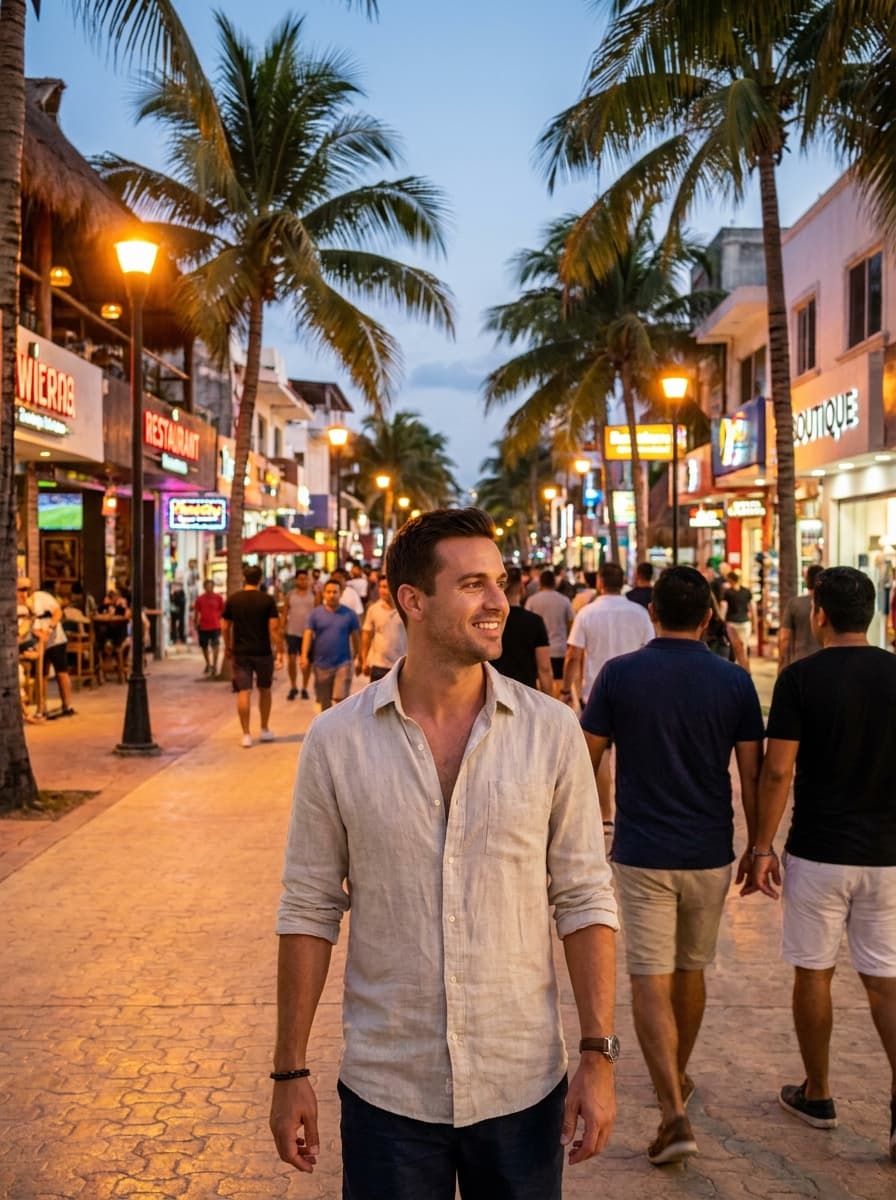 Fifth Avenue in Playa del Carmen at night