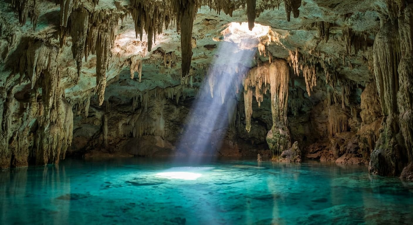 A hidden cenote with a beam of sunlight