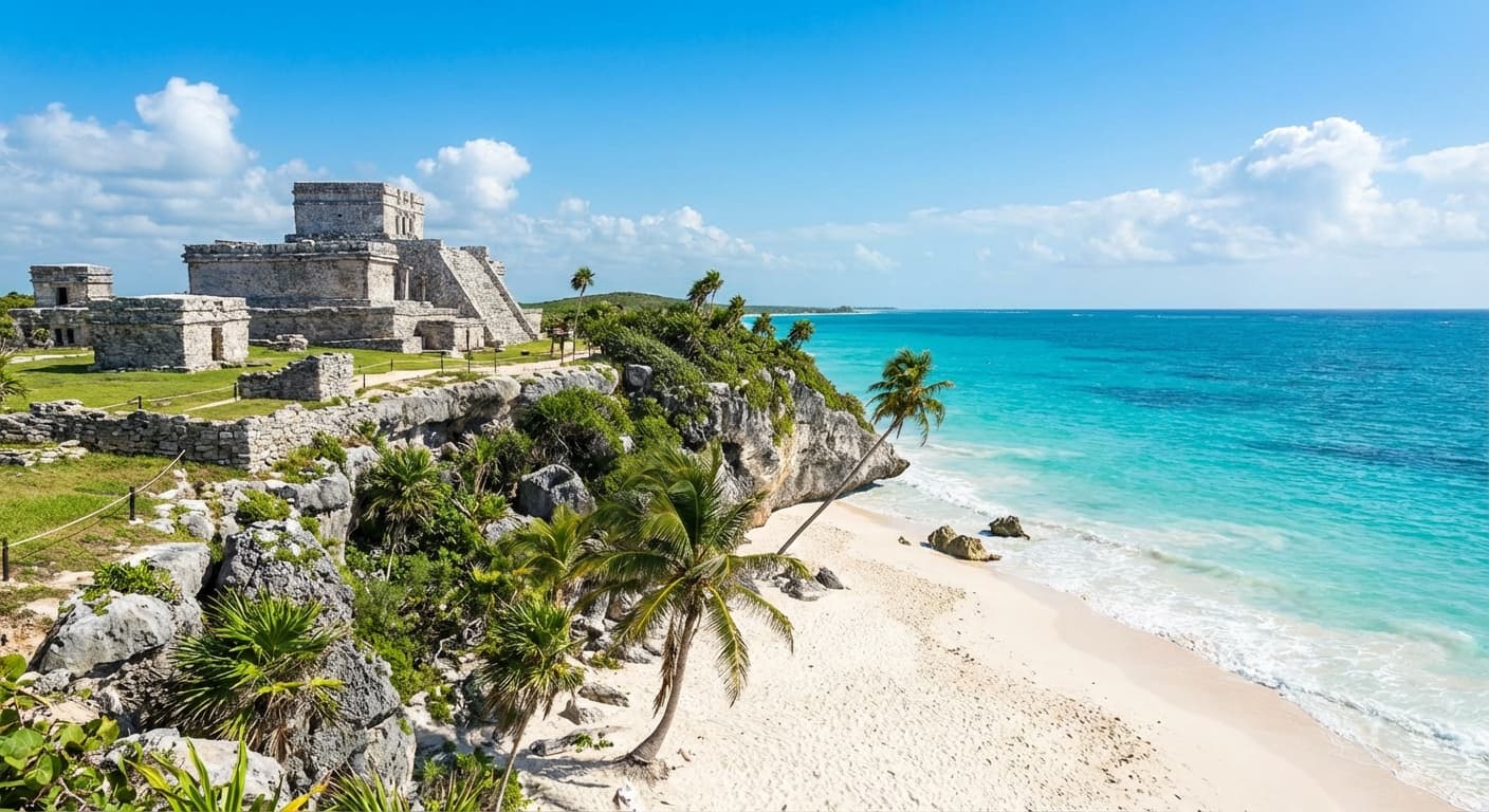 The Mayan ruins of Tulum above the Caribbean Sea